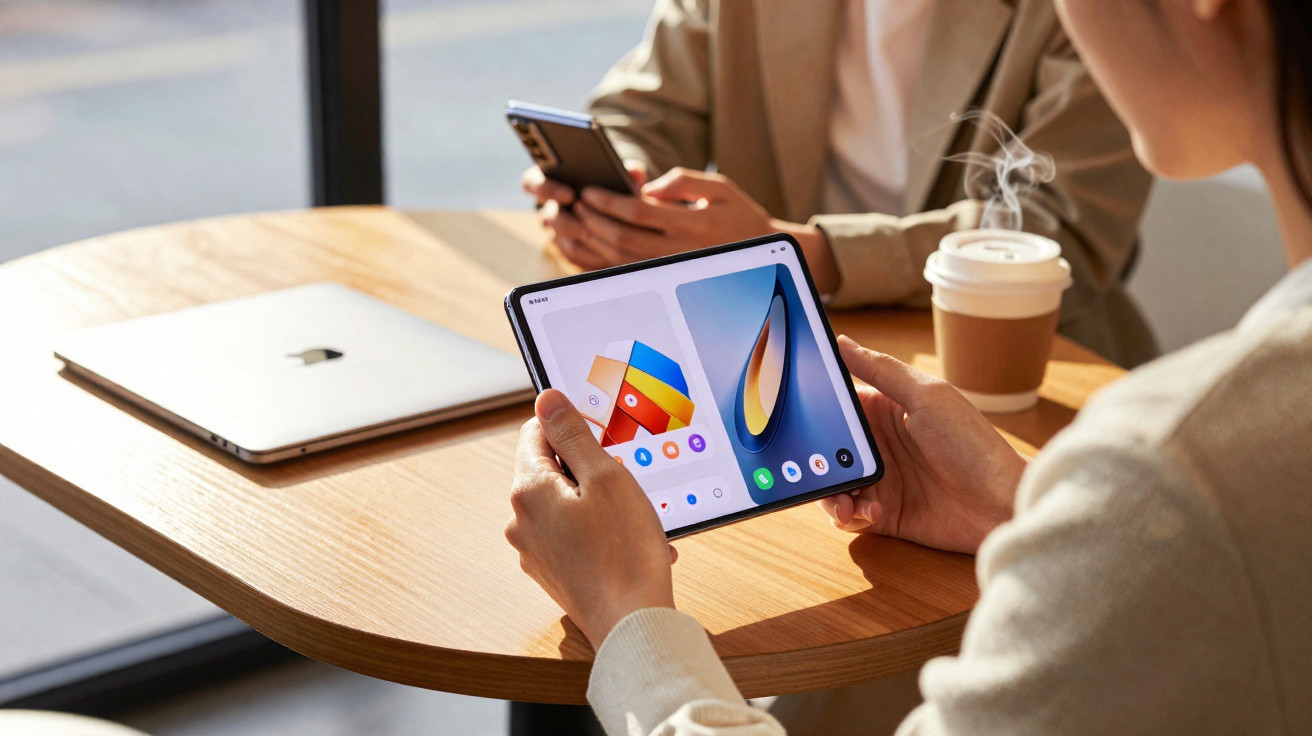 Pessoa a usar tablet dobrável num café, com laptop e outra pessoa ao fundo a usar telemóvel.