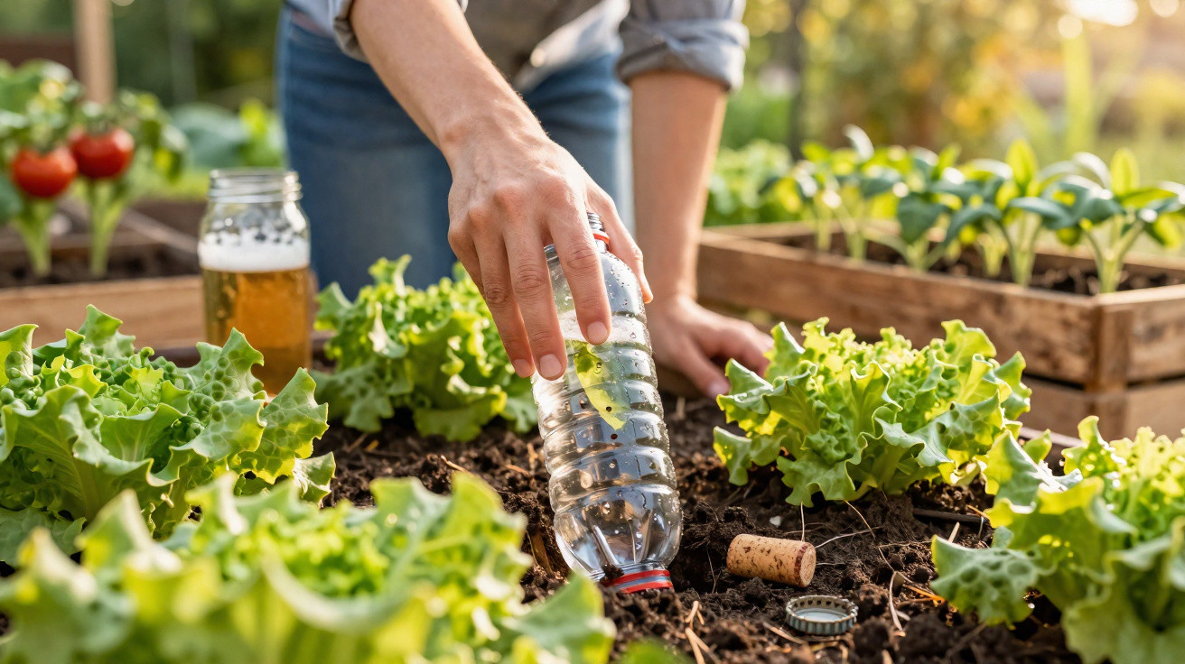 Pessoa a regar plantas de alface numa horta usando uma garrafa plástica reciclada.