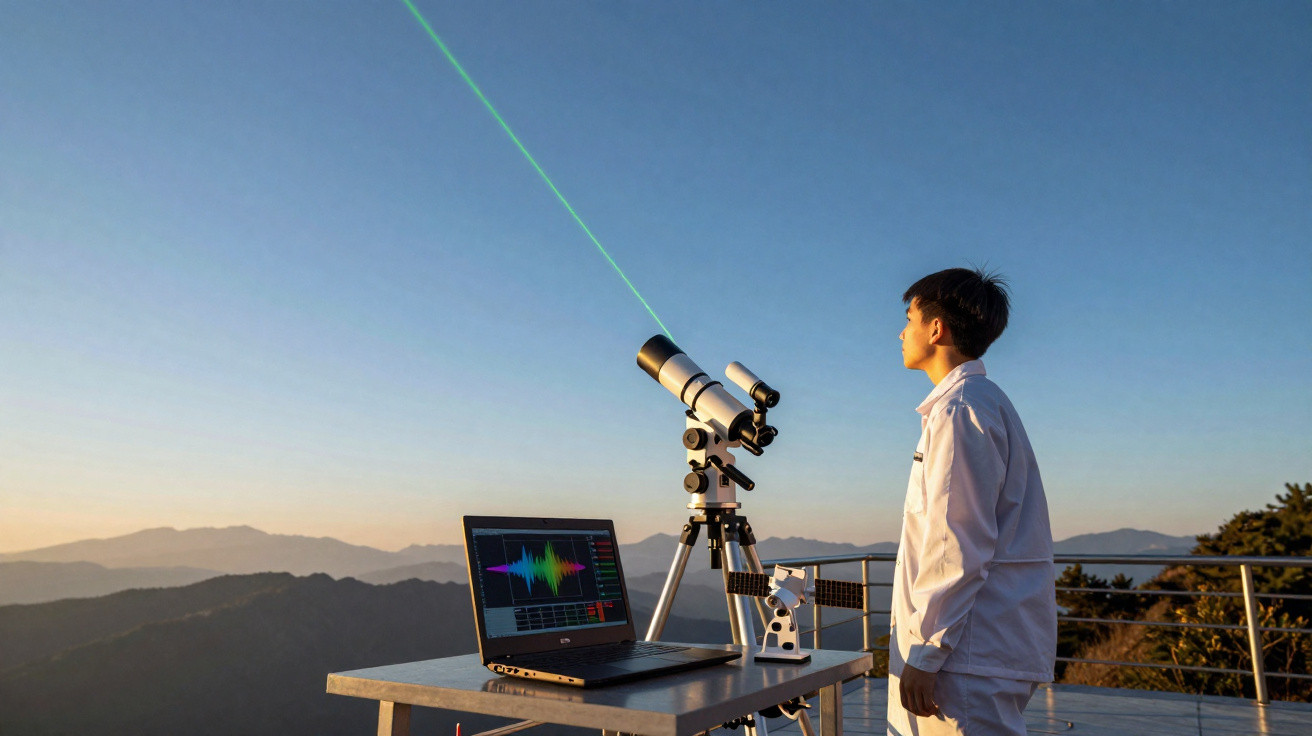 Criança observa máquina com laser verde ao ar livre, ao lado de computador com gráficos num terraço montanhoso.