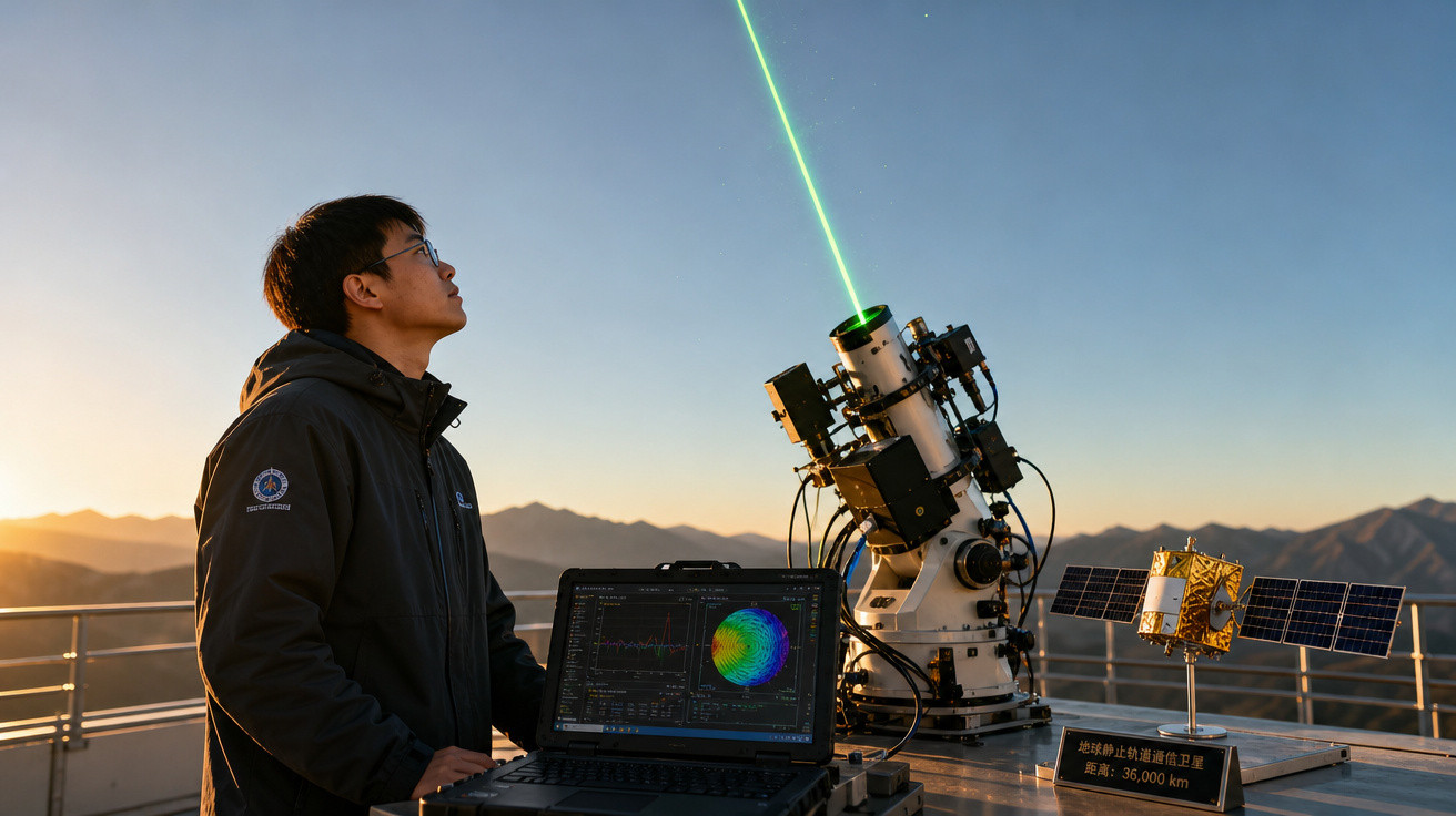 Homem observa feixe laser saindo de equipamento astronómico ao pôr do sol com portátil e maquete de satélite.