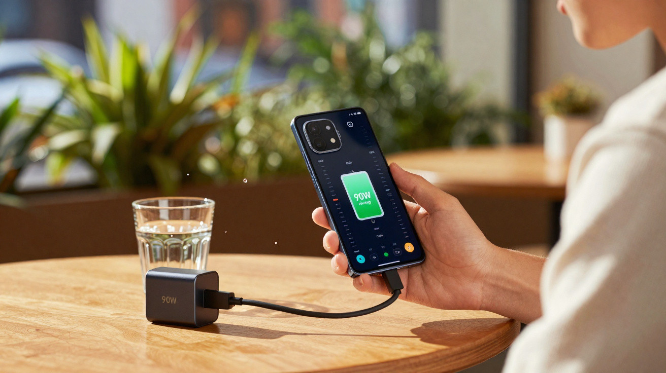 Pessoa a carregar um smartphone com carregador de 90W em mesa de madeira, com copo de água e plantas ao fundo.