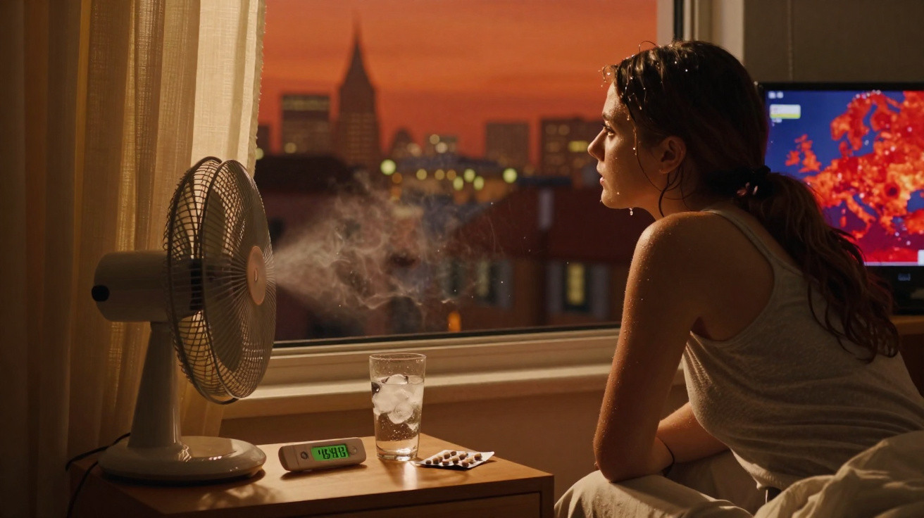 Mulher suada a olhar pela janela com ventilador a refrescar, vidro com gelo e comprimidos numa mesa.