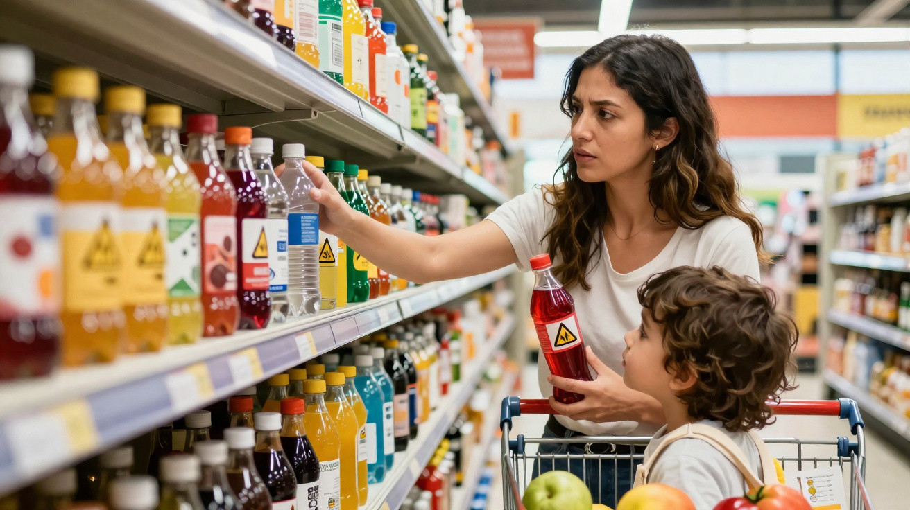 Mulher com criança no carrinho de compras escolhe bebidas numa prateleira de supermercado.