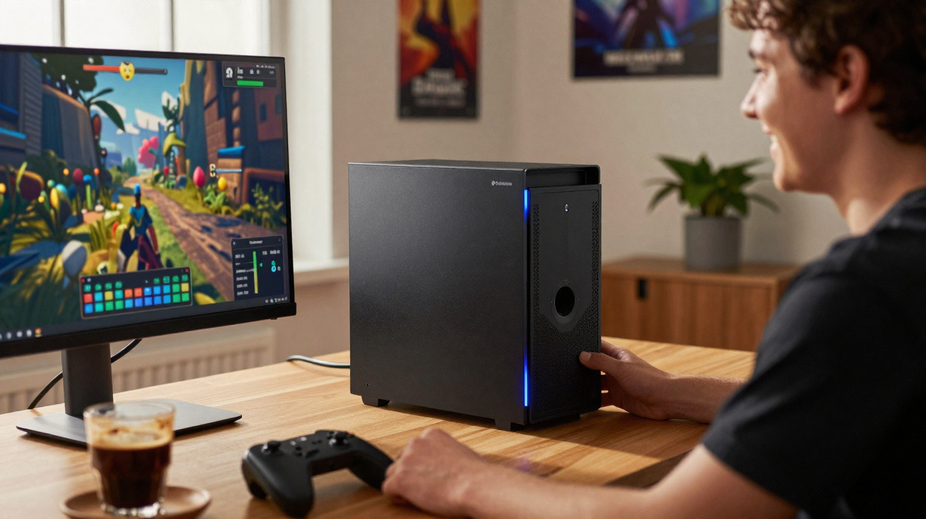 Homem sentado a jogar videojogo num computador de secretária com comando e café à frente.