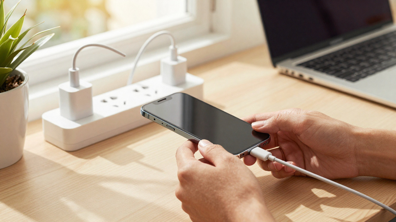 Pessoa conecta cabo para carregar telemóvel numa secretária com laptop e planta junto a janela iluminada.