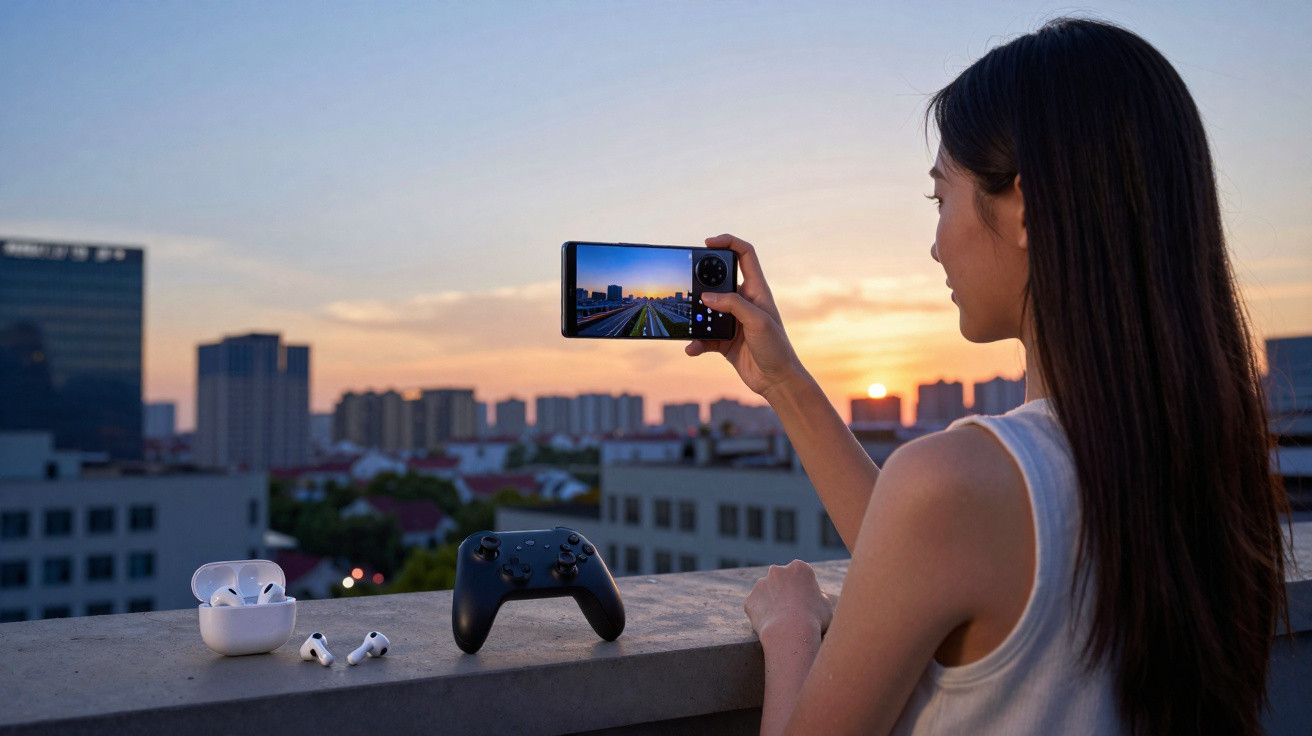 Mulher a tirar foto da cidade ao pôr do sol, com auscultadores e comando de videojogos numa varanda.