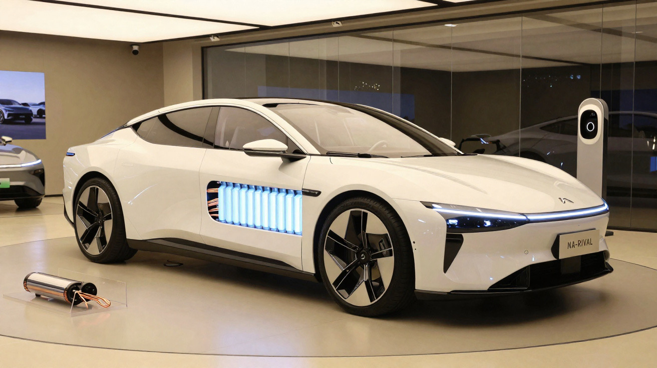 Carro elétrico branco com design futurista exposto em ambiente interior com carregador elétrico.