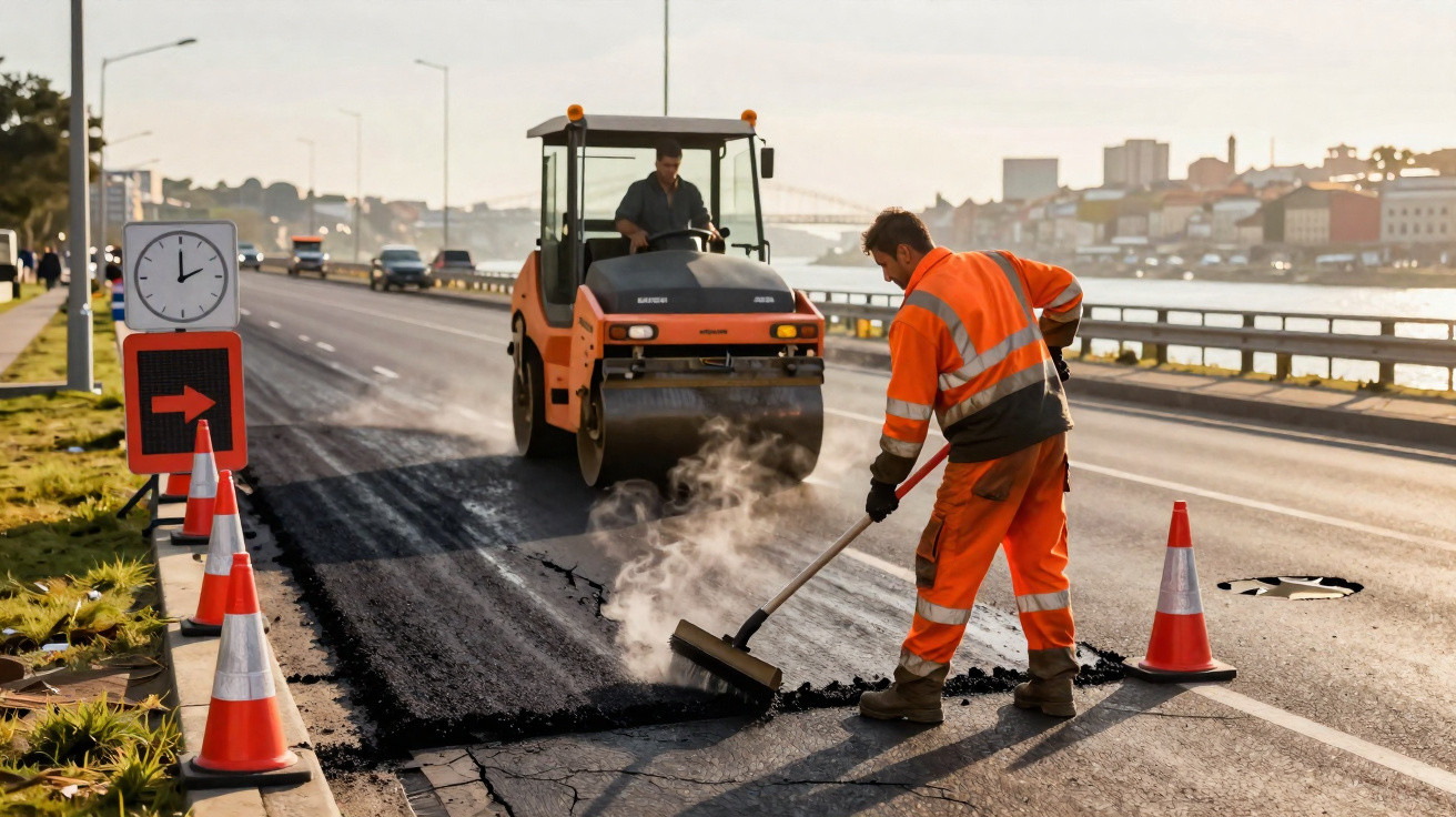 Operário em colete laranja a espalhar alcatrão quente numa estrada em obras com rolo compactador ao fundo.