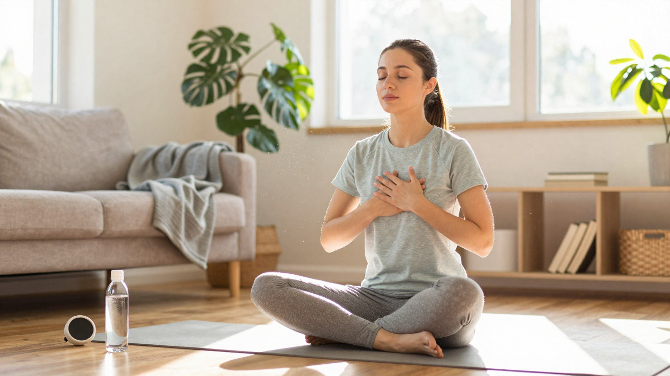 Mulher sentada em posição de meditação numa sala iluminada, com as mãos no peito e olhos fechados.