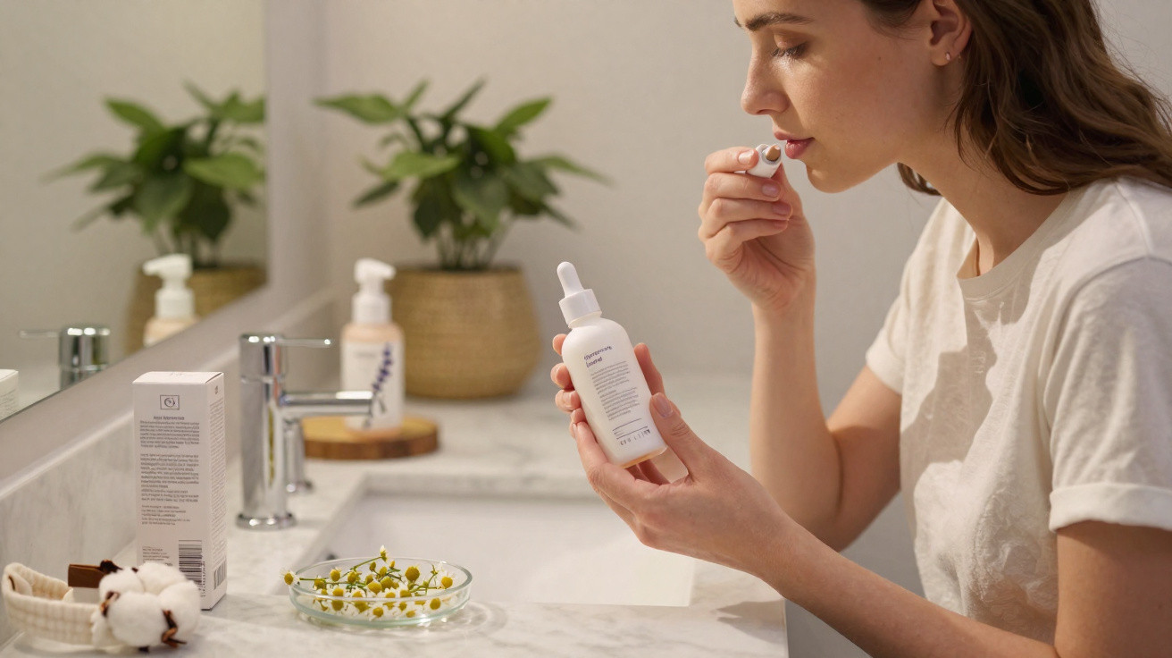 Mulher a tomar um comprimido e a segurar um frasco de medicamento num lavatório com plantas ao fundo.
