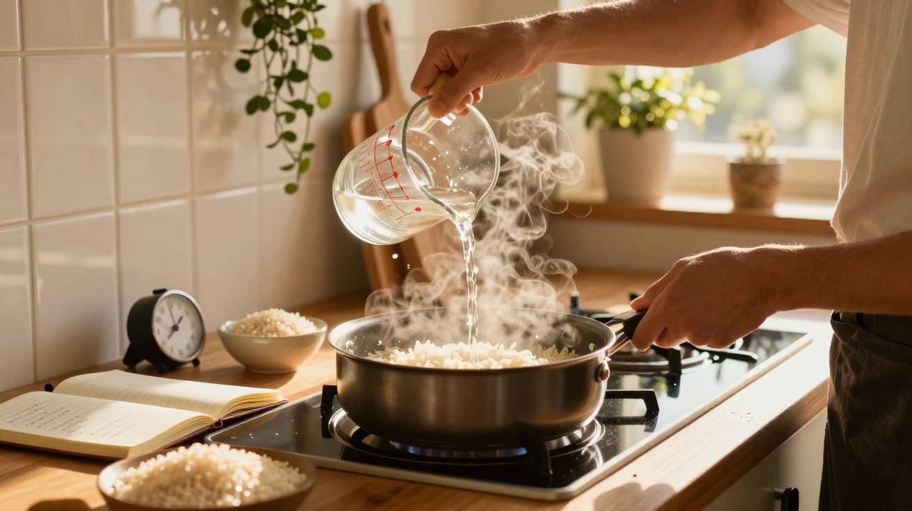 Pessoa a deitar água quente numa frigideira com arroz na cozinha iluminada pelo sol.