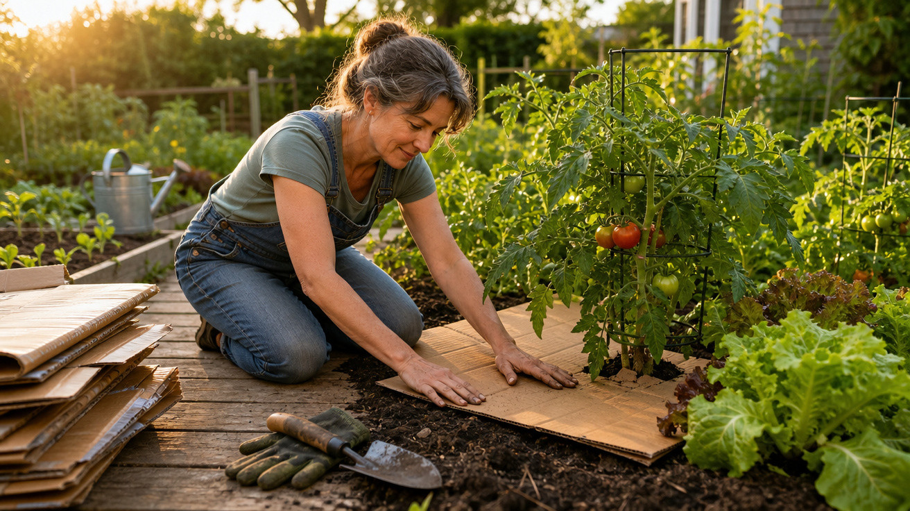 Mulher a colocar cartão sobre a terra numa horta com plantas de tomate e alface ao entardecer.