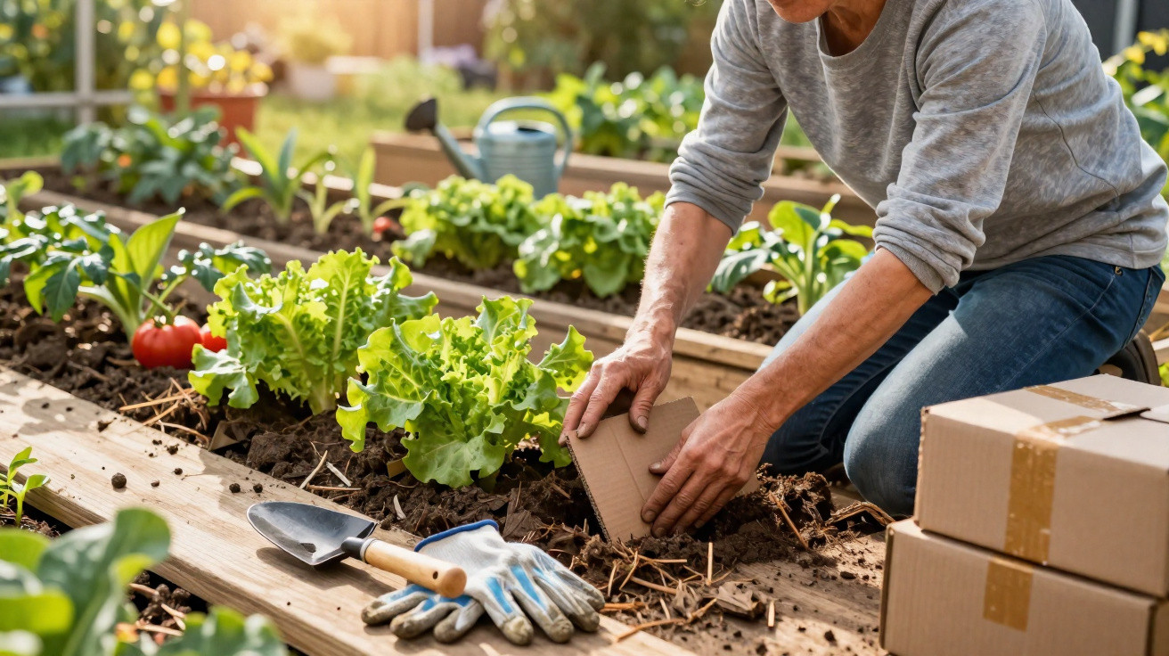 Pessoa a plantar uma muda numa horta com alfaces e tomates, com luvas e ferramentas próximas.