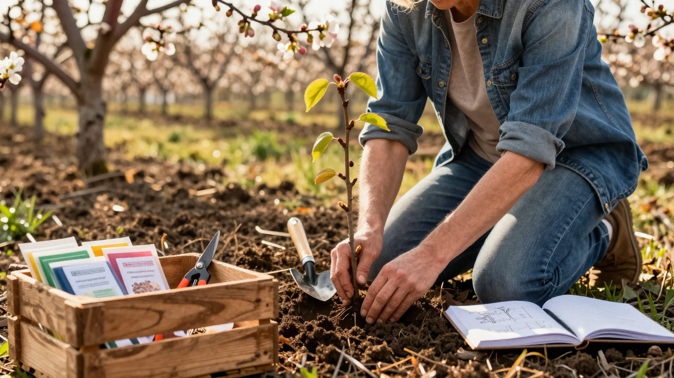 Pessoa a plantar muda num pomar em flor, com ferramentas de jardinagem e caderno ao lado.