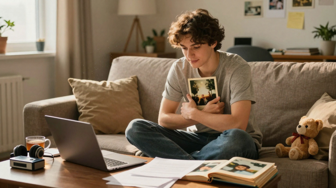 Jovem sentado no sofá abraça foto antiga, com laptop, caderno e ursinho na sala iluminada.