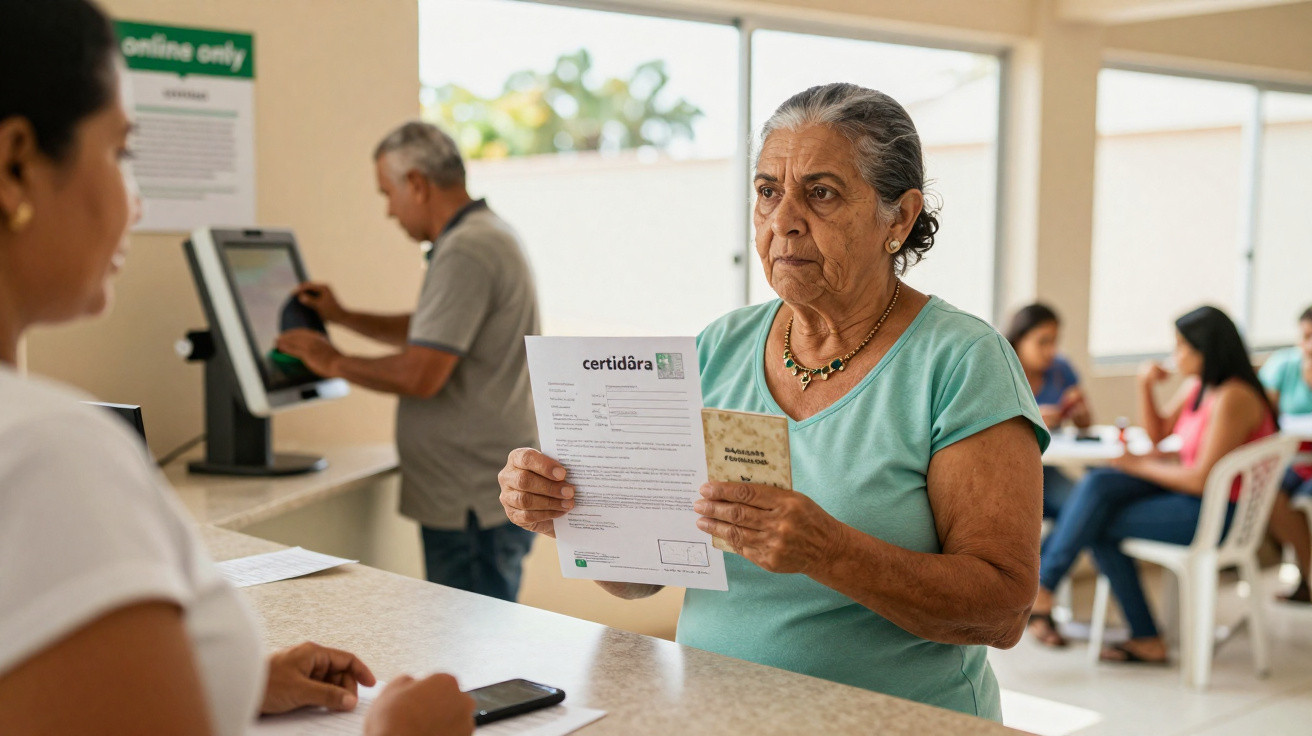 Mulher idosa a apresentar documentos num balcão de atendimento em escritório administrativo.