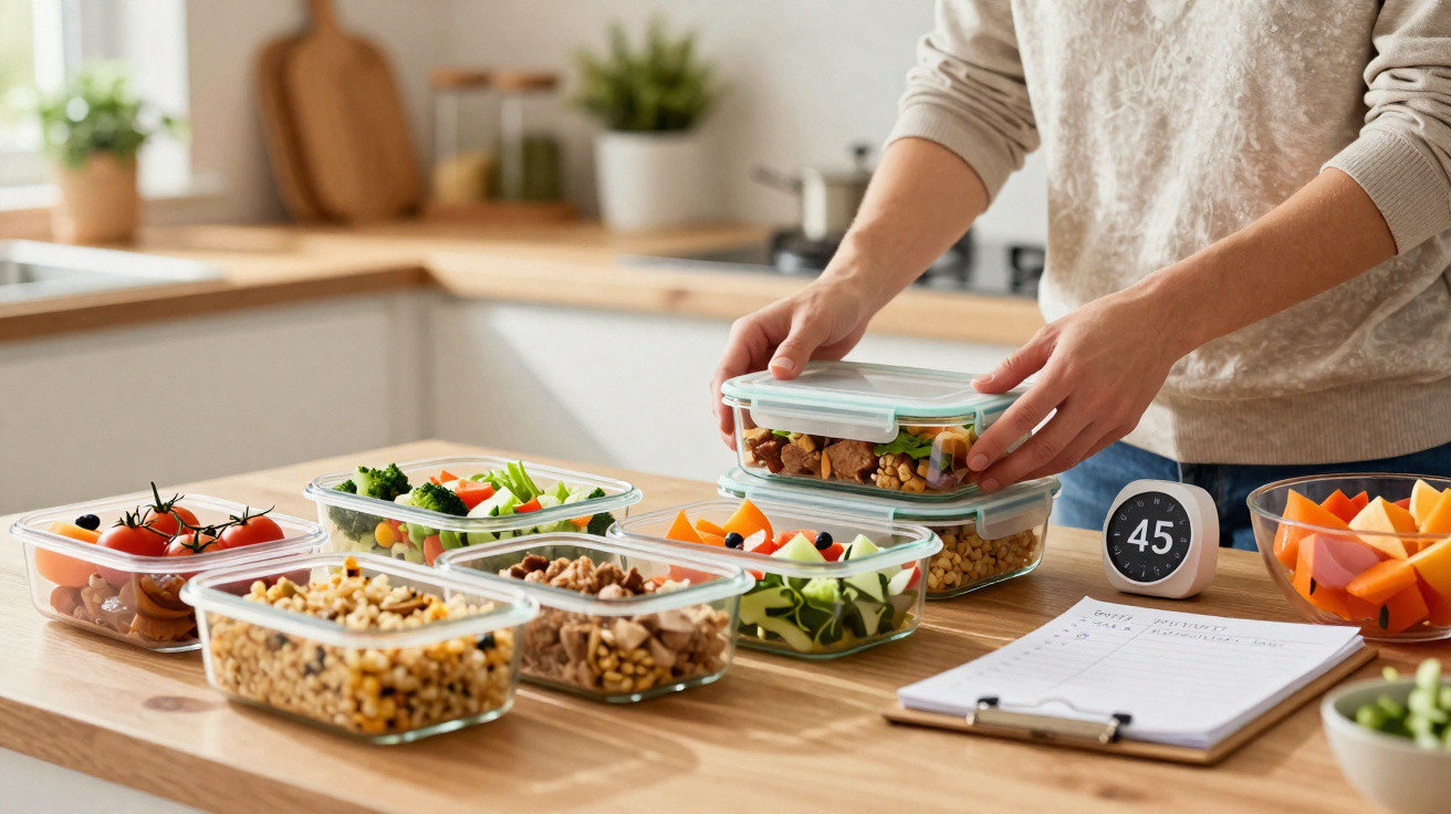 Pessoa a organizar marmitas saudáveis com legumes, frutos secos e legumes numa cozinha moderna.