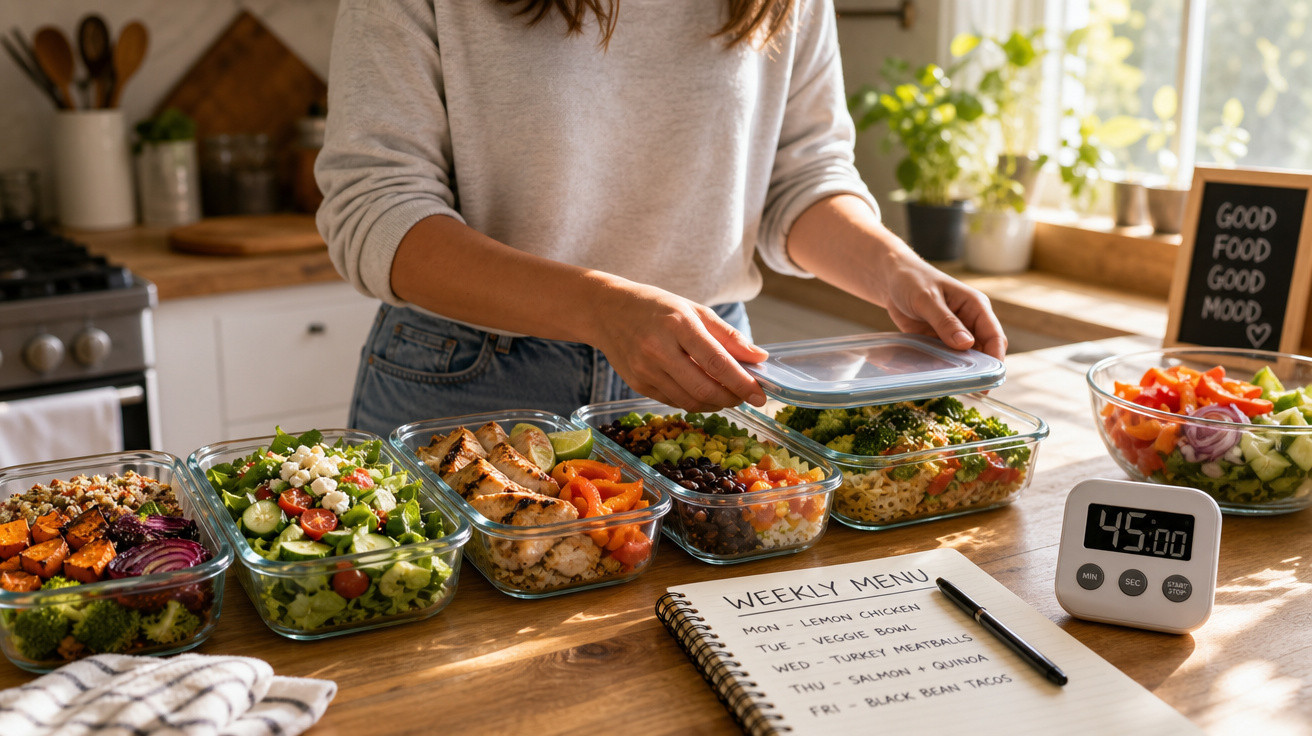Pessoa a preparar refeições saudáveis em recipientes de vidro numa cozinha iluminada, com menu semanal visível.