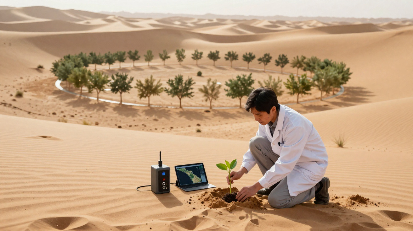Homem em bata branca planta uma muda no deserto com uma plantação circular de árvores ao fundo.