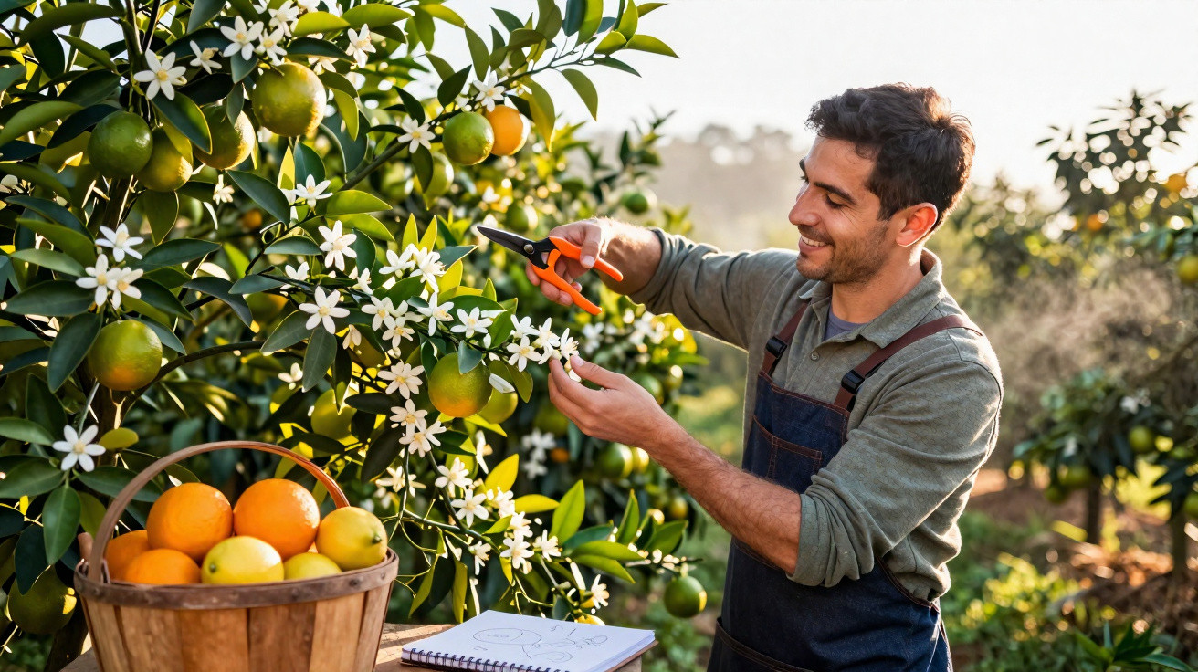 Homem sorridente a podar flores de laranjeira num pomar, com cesta de laranjas e caderno ao lado.