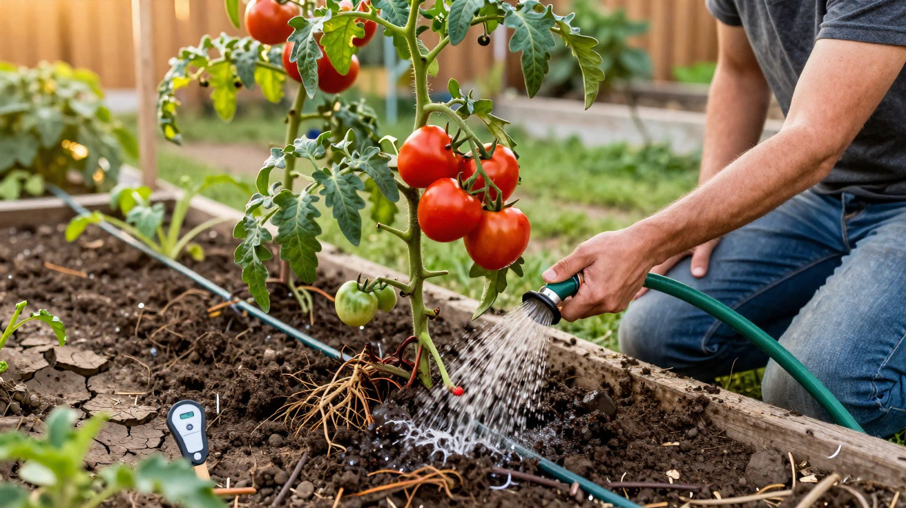 Pessoa a regar planta de tomateiros com frutos vermelhos num jardim em canteiro elevado.