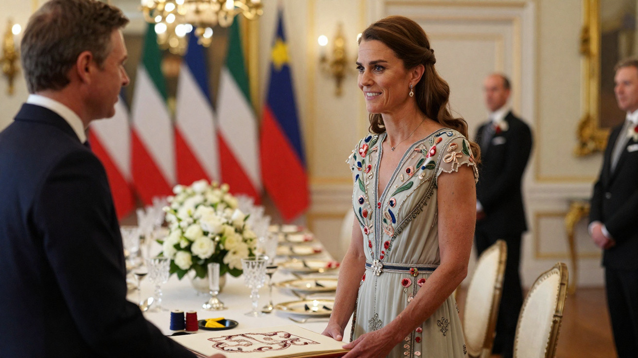 Mulher elegantemente vestida conversa com homem em salão decorado com bandeiras e mesa formal.
