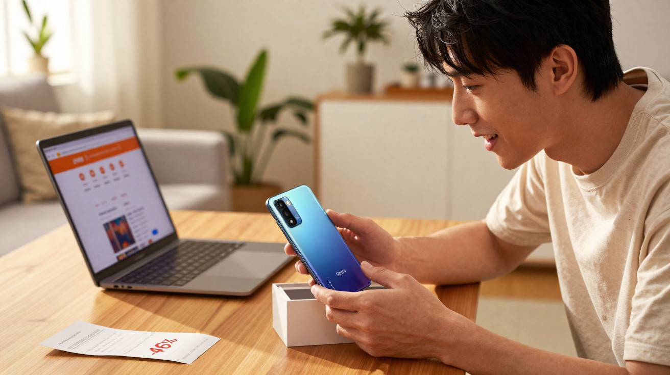 Homem sentado à mesa a desembrulhar um telemóvel azul, com computador portátil ligado ao fundo.