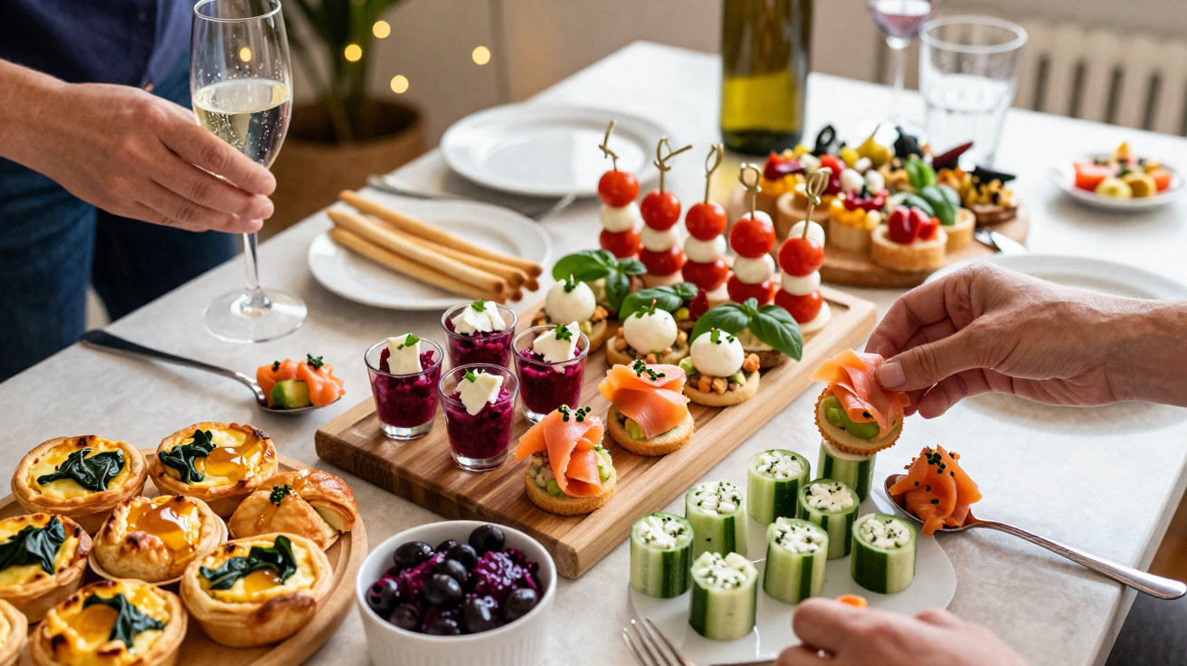 Mesa com variadas entradas gourmet e duas pessoas a servir-se de petiscos e bebidas.