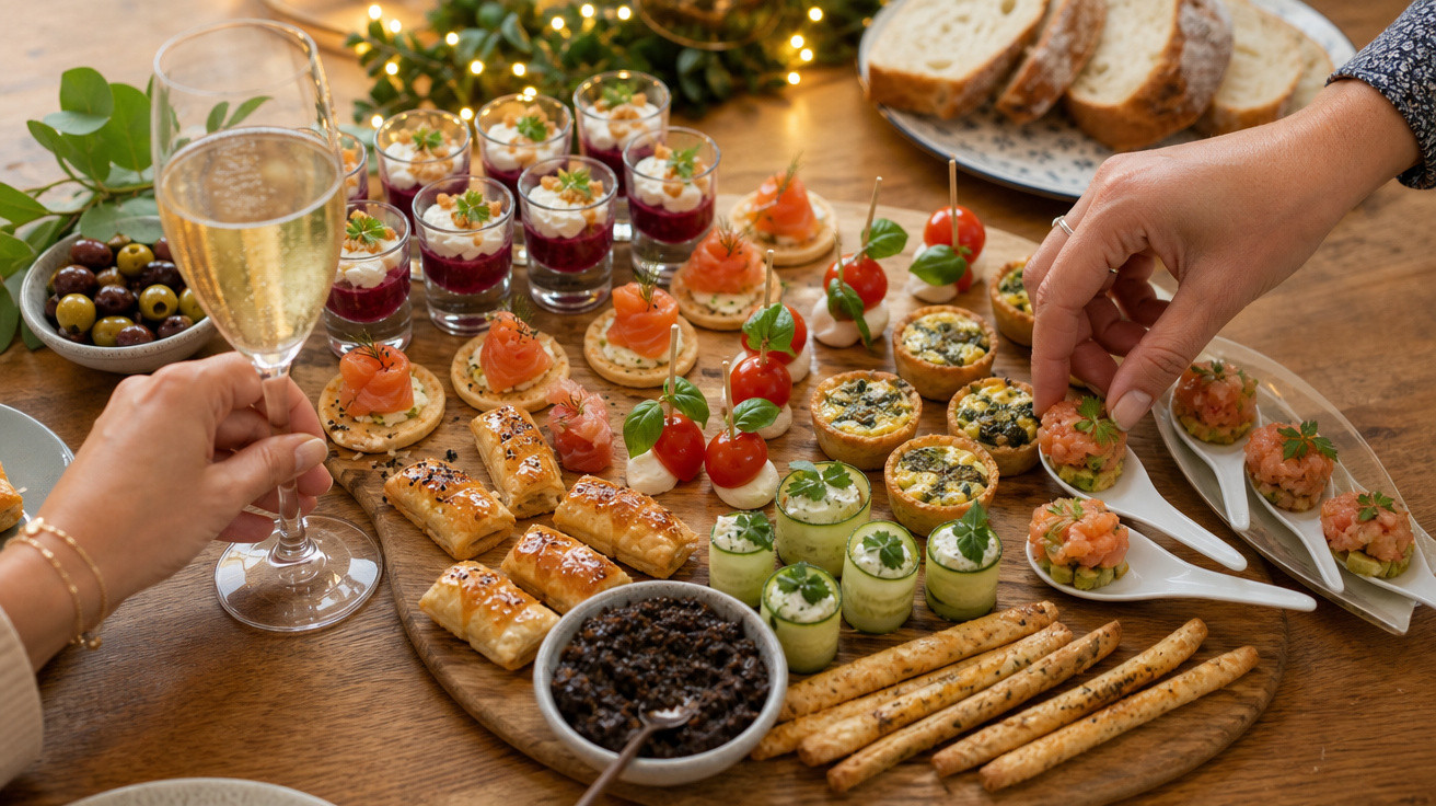 Pessoa a apanhar canapé de salmão numa tábua com vários aperitivos, pão, azeitonas e bebida espumante numa mesa.