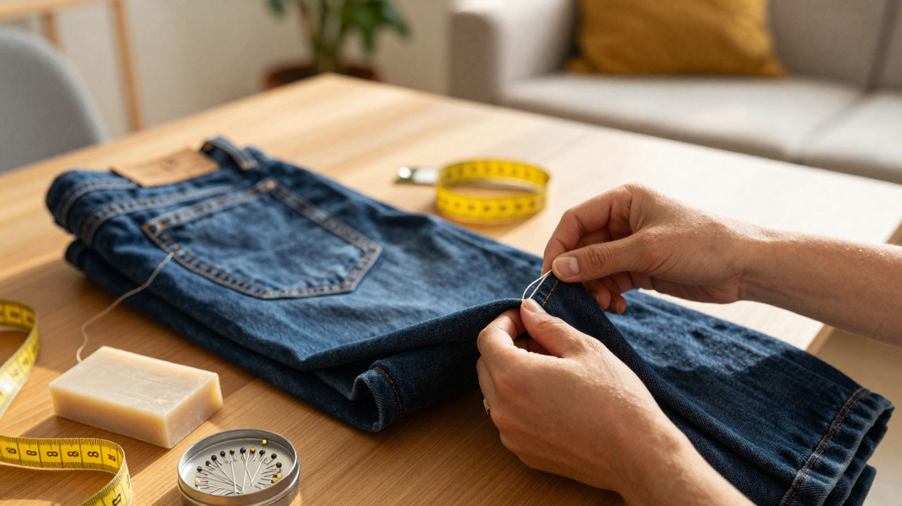 Mãos a coser um jeans azul com agulha e linha numa mesa, fita métrica e caixa de alfinetes ao lado.
