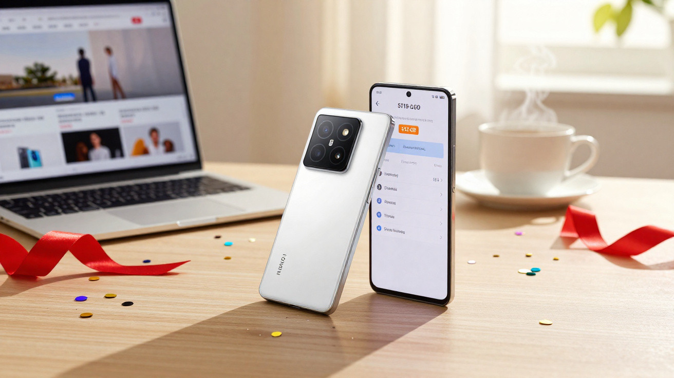 Telemóvel branco Huawei com ecrã ativo sobre mesa de madeira, computador portátil e chávena ao fundo.