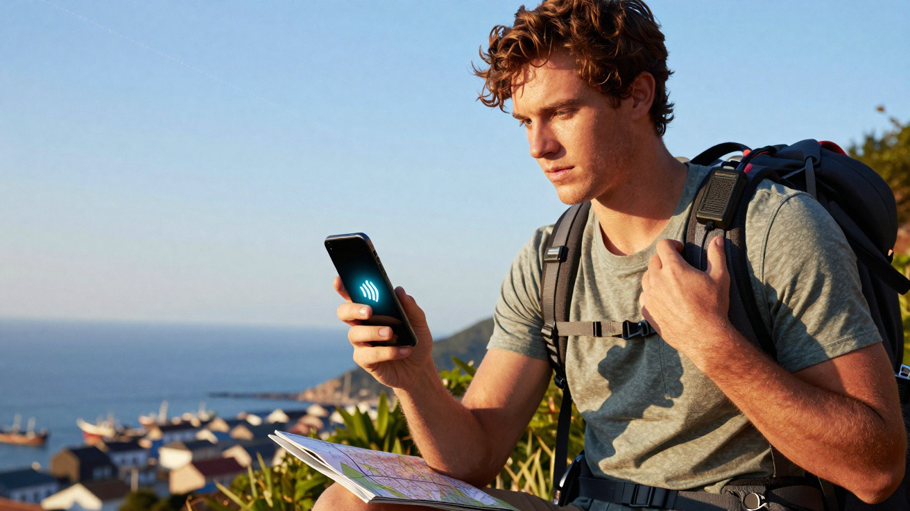 Jovem com mochila consulta mapa e usa smartphone com tecnologia de pagamento sem contacto à beira-mar.
