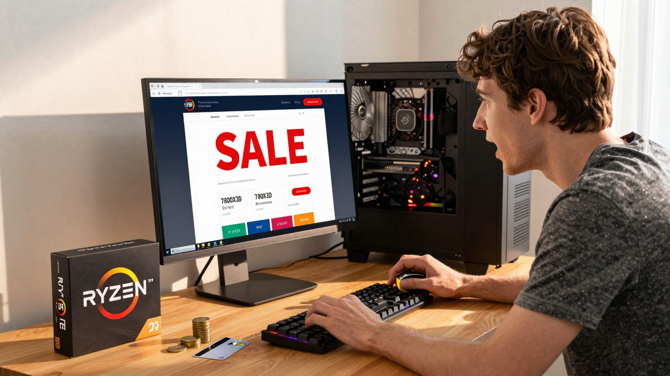 Homem sentado a usar computador com monitor a mostrar página de promoções e caixa de processador Ryzen na secretária.