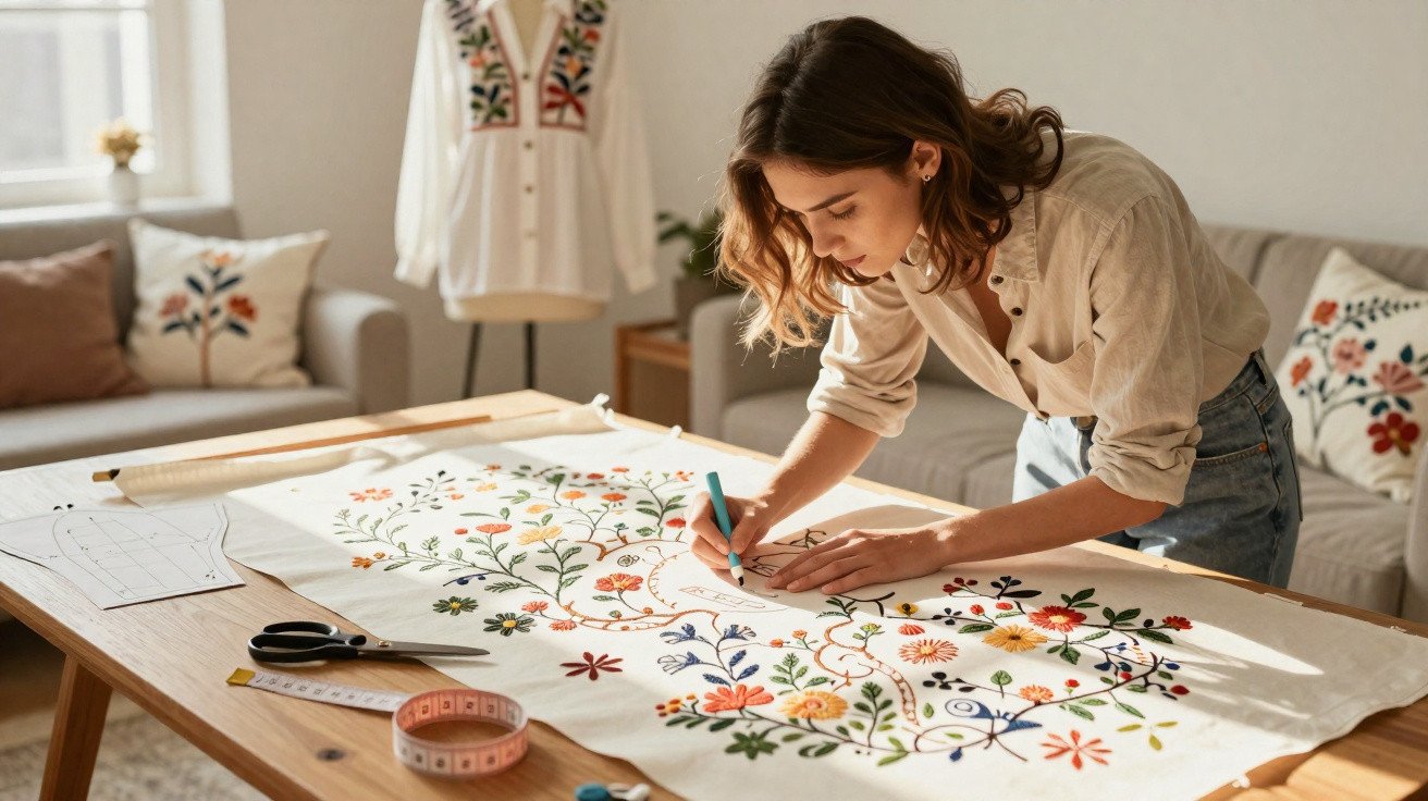 Mulher cria desenho floral colorido em tecido sobre mesa numa sala bem iluminada.