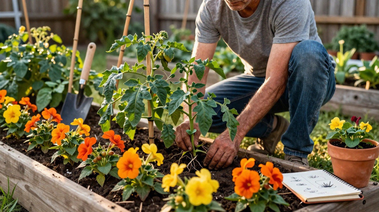 Pessoa a cultivar plantas num canteiro elevado com flores amarelas e laranjas ao redor.