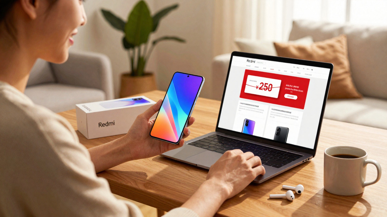 Pessoa a usar telemóvel Redmi e computador portátil numa mesa de madeira com acessórios e planta ao fundo.