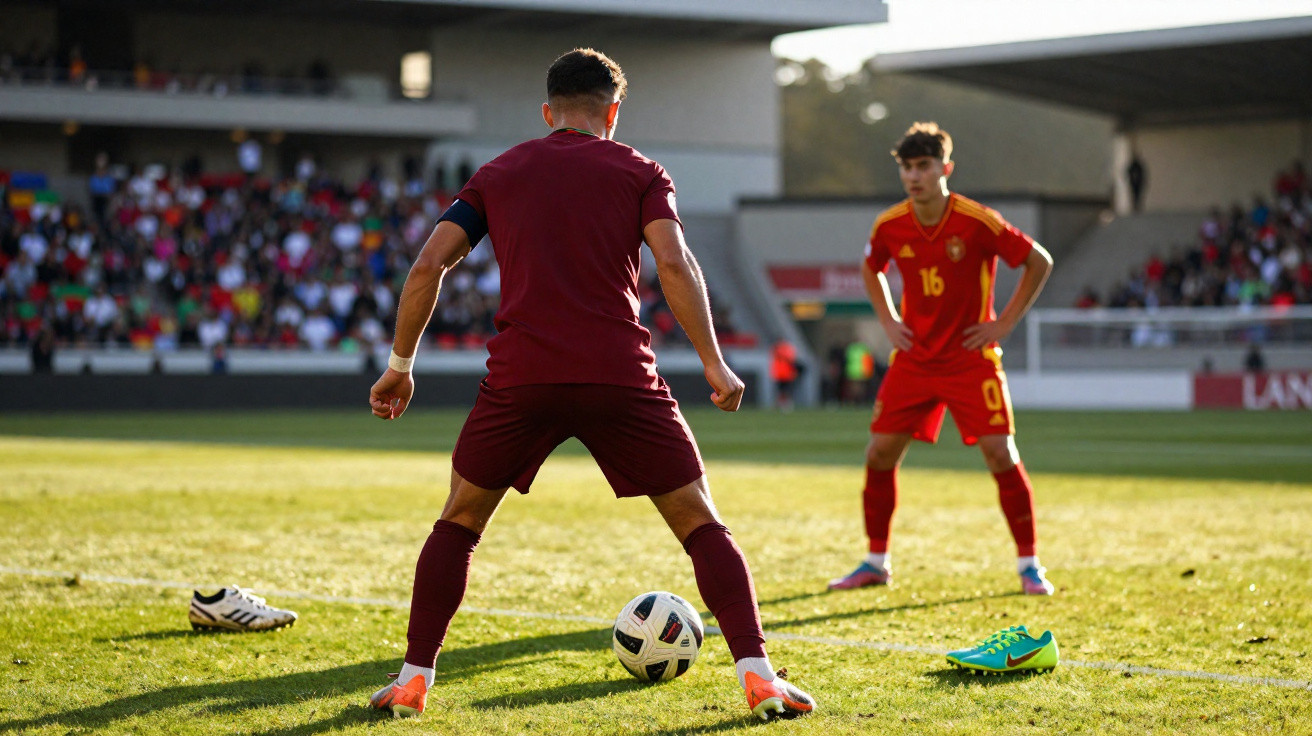 Dois jogadores de futebol em campo, um com a bola e o outro em posição defensiva, com chuteiras no chão.