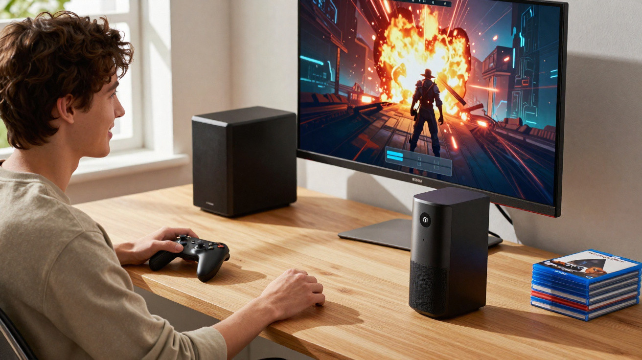 Jovem a jogar videojogos numa consola com comando, num monitor de ambiente moderno com colunas e jogos.