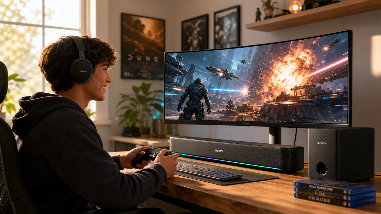 Jovem com auscultadores a jogar videojogo de ficção científica em monitor curvo numa secretária organizada.