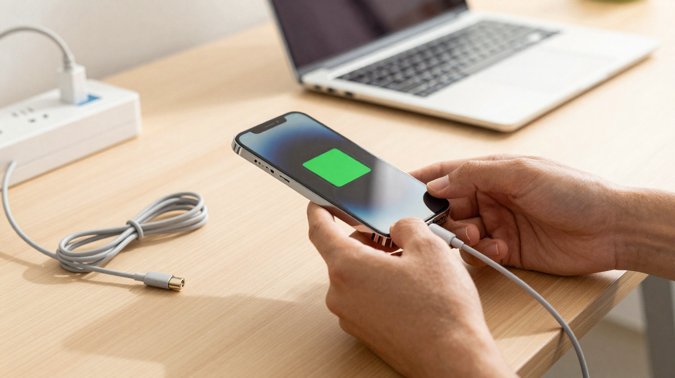 Pessoa a segurar telemóvel a carregar ligado a cabo USB numa mesa com portátil ao fundo.