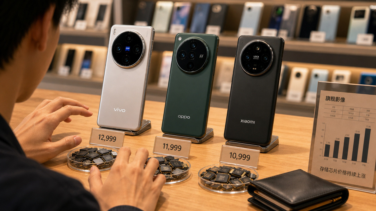 Telemóveis Vivo, Oppo e Xiaomi expostos numa loja com preços e preços e circuitos à frente.