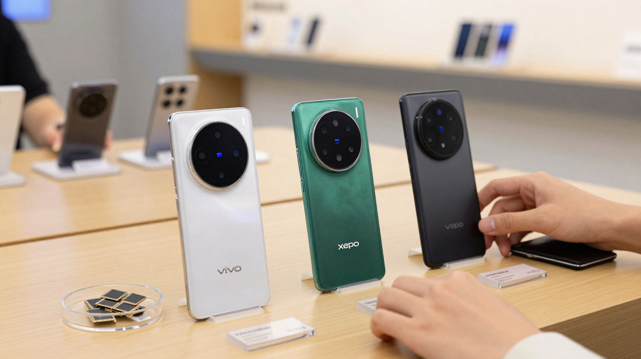 Telemóveis expostos em suporte numa mesa, com destaque para as câmaras traseiras circulares e variadas cores.