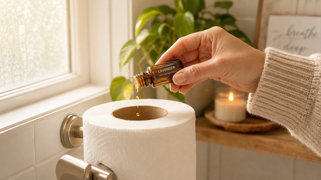 Pessoa a deitar óleo essencial de lavanda num rolo de papel higiénico numa casa de banho acolhedora.