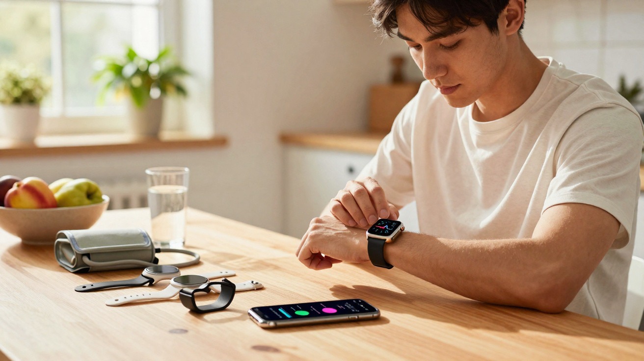 Jovem sentado numa mesa a verificar o relógio inteligente, com smartphone e acessórios de tecnologia à sua frente.