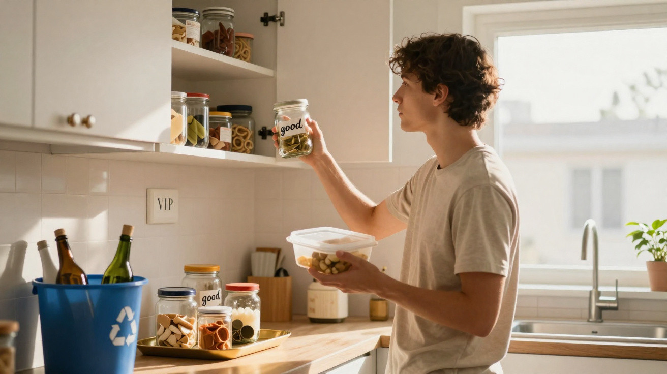 Homem jovem a guardar alimentos em frascos de vidro numa cozinha iluminada pela luz natural.