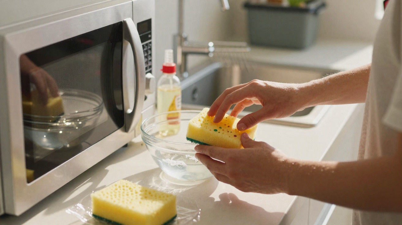 Mãos segurando uma esponja sobre uma bancada de cozinha com micro-ondas, detergente e pia ao fundo.