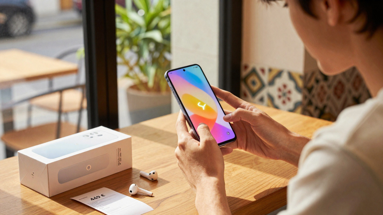Pessoa a usar um smartphone novo numa mesa com caixa do telemóvel, auriculares e nota de preço de 449 €