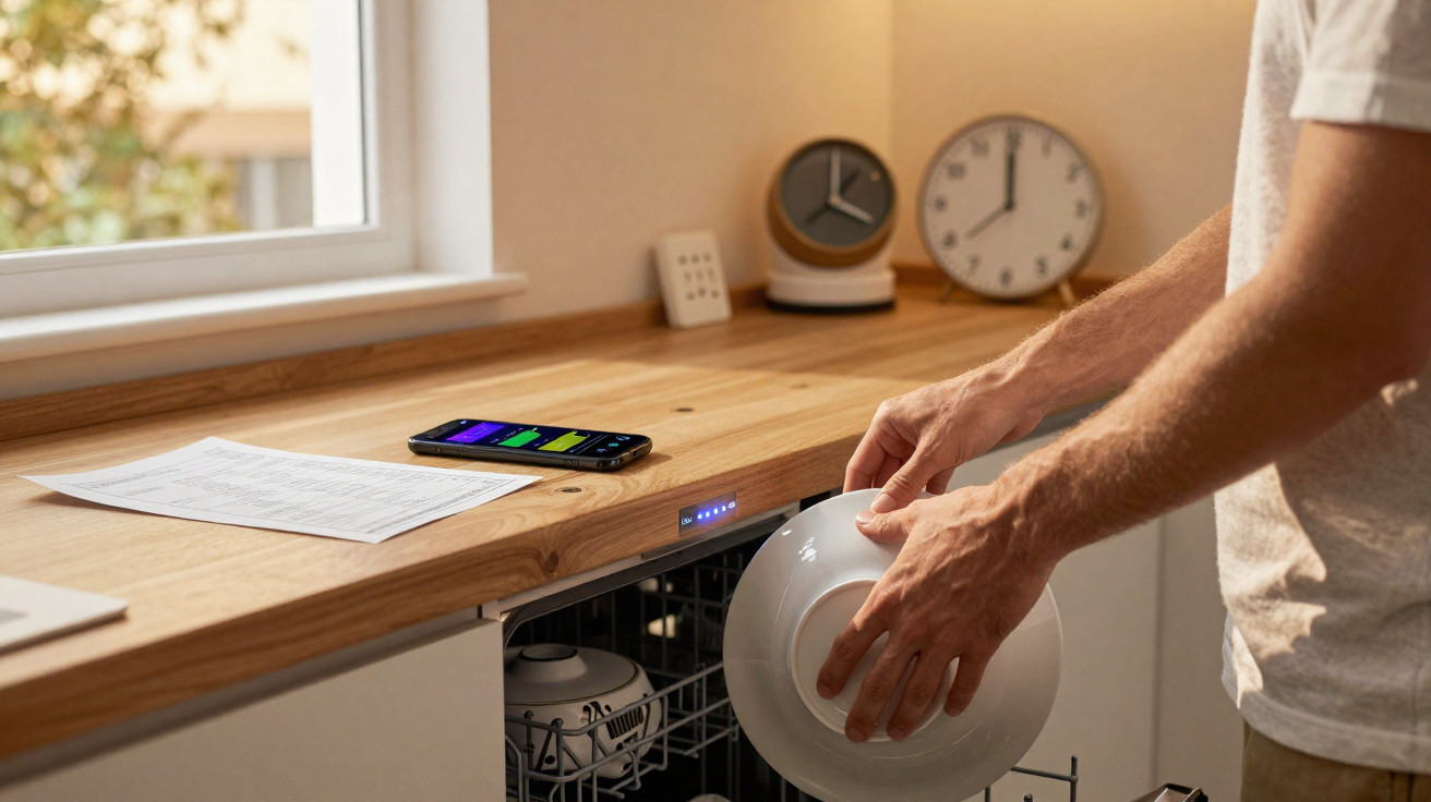 Pessoa a colocar prato numa máquina de lavar loiça numa cozinha moderna com telemóvel na bancada.