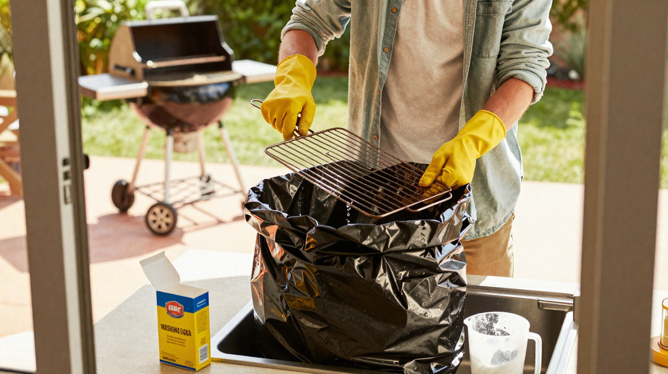 Pessoa a limpar uma grelha de churrasco e a depositá-la num saco de plástico preto na pia exterior.