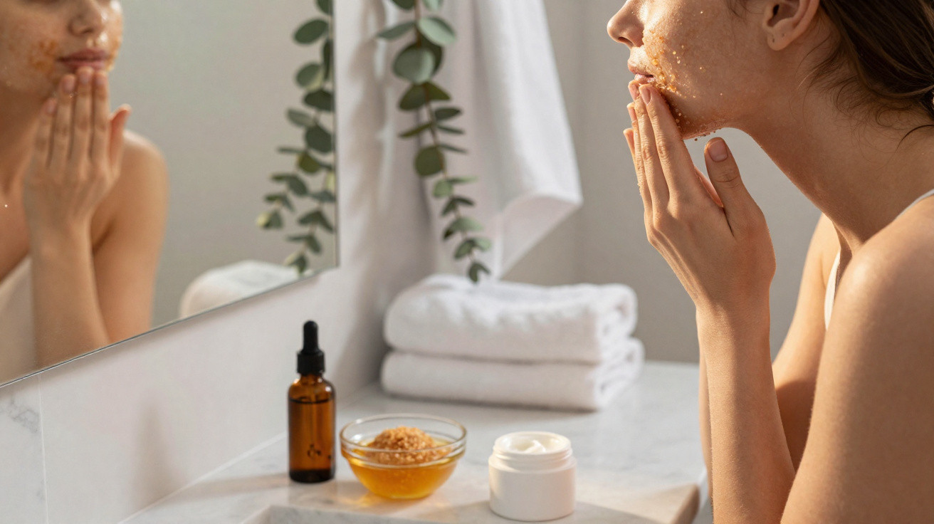 Mulher a aplicar esfoliante facial caseiro em frente ao espelho numa casa de banho luminosa.